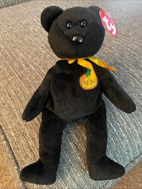 Ty Black Halloween Bear Plush with Pumpkin Patch Embroidery